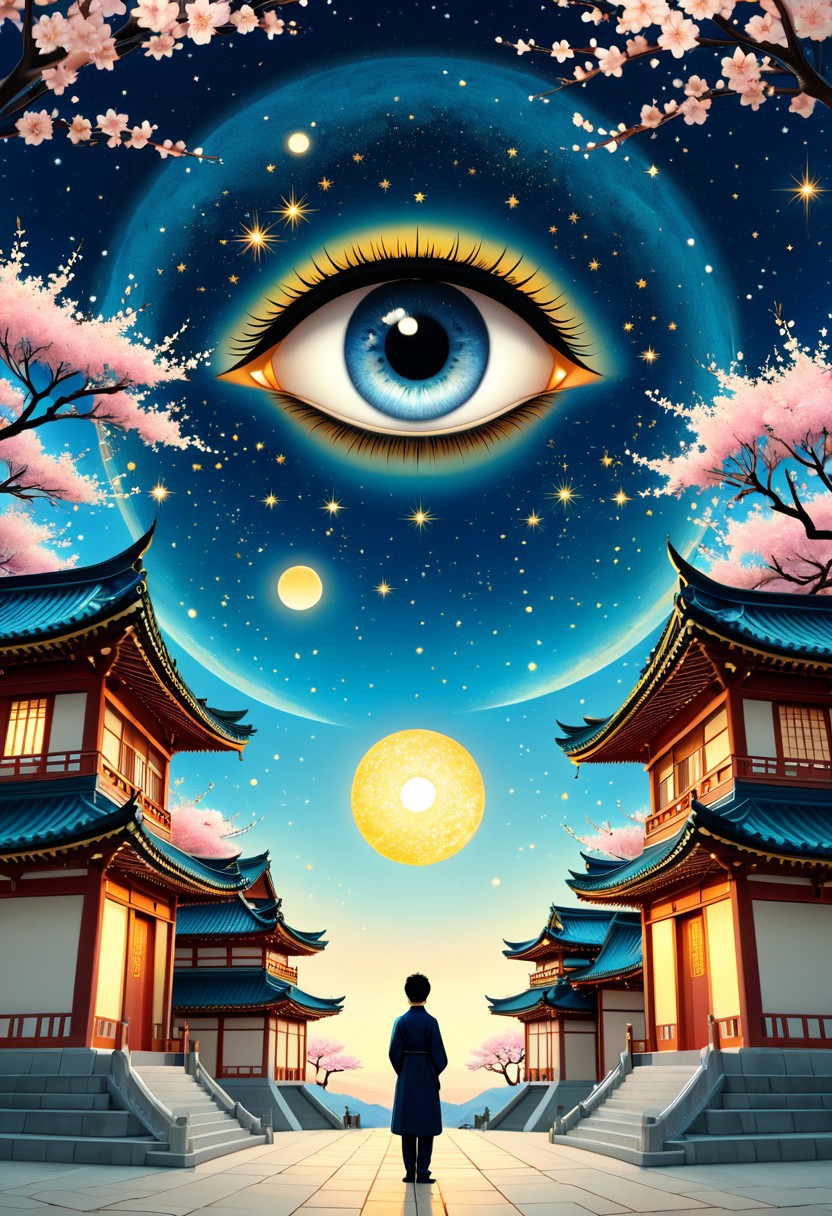 Manga A vast starry sky is filled with enormous, dreamlike eyes, watching over a small, abstracted human figure. Romanticized digital painting, East Asian aesthetics, golden lighting, intricate textures, symmetrical composition, circular vignette, serene atmosphere, traditional architecture, cherry blossoms, fantasy elements, fine-art style, symbolic imagery, soft color palette, elegant mood.