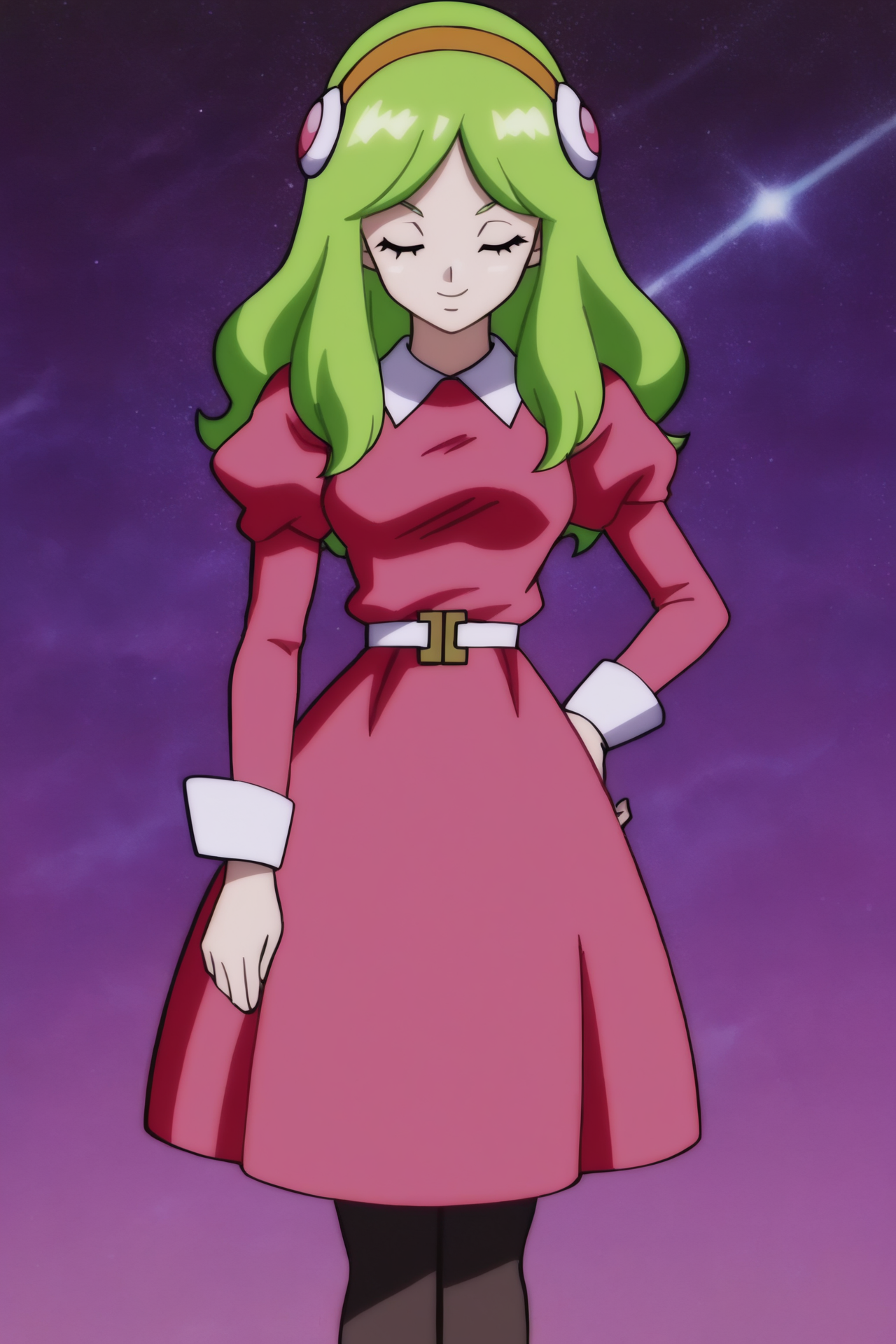 source_anime, score_9, score_8_up, score_7_up, anime screencap,
brianne, 1girl, solo, long hair, smile, bangs, long sleeves, dress, closed mouth, juliet sleeves, standing, closed eyes, hairband, green hair, puffy sleeves, white belt, black pantyhose, star \(sky\), pink dress, yellow hairband, v-shaped eyebrows, white collar, sleeve_cuffs, small breasts, eyebrows, eyelashes, arm at side, hair ornament, red dress
<lora:brianne_pony_v1:0.8>
