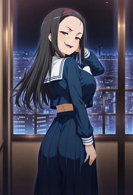 masterpiece,perfect quality,best quality,absolutely eye-catching,absurdres,highres,newest, anime coloring, anime screencap,(1girl), Kumokawa_Seria, long hair, black hair, forehead, large breasts, hairband, serafuku, blue shirt, long skirt, midriff, long sleeves, standing, hand to hair, looking at viewer, looking back, open mouth smile, teeth, smug , city, night, tokyo, skyline, ((from behind))