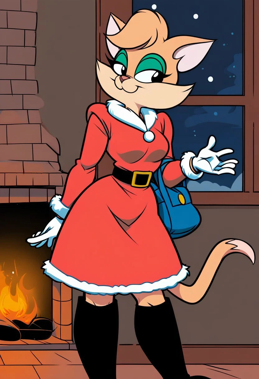score_9, score_8_up, score_7_up, score_6_up, score_5_up, score_4_up, retro artstyle, BREAK 
Tabitha_Fantomcat,cat girl,short hair,1girl, red dress, furry female, dress, smile, furry, solo, christmas,black eyes, pink fur, night, fur trim, fire, fur-trimmed dress, animal ears, long sleeves, animal nose, window, breasts, boots, santa costume, standing, black footwear, fireplace, gloves, fur-trimmed sleeves,short hair, sky, star \(sky\), bag, alternate costume, looking to the side, closed mouth, night sky, belt, happy, santa dress, small breasts, indoors, medium breasts
<lora:tabitha-v1:1>