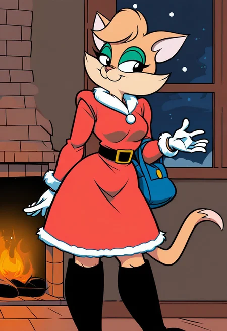 score_9, score_8_up, score_7_up, score_6_up, score_5_up, score_4_up, retro artstyle, BREAK
Tabitha_Fantomcat,cat girl,short hair,1girl, red dress, furry female, dress, smile, furry, solo, christmas,black eyes, pink fur, night, fur trim, fire, fur-trimmed dress, animal ears, long sleeves, animal nose, window, breasts, boots, santa costume, standing, black footwear, fireplace, gloves, fur-trimmed sleeves,short hair, sky, star \(sky\), bag, alternate costume, looking to the side, closed mouth, night sky, belt, happy, santa dress, small breasts, indoors, medium breasts
<lora:tabitha-v1:1>
