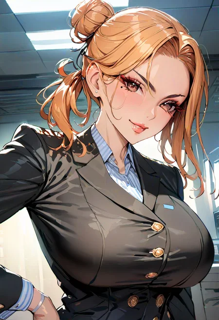 (masterpiece)), ((best quality)), (ultra-detailed), HDR, shapes, beautiful face, looking at viewer, solo, close-up, seductive smile, 1girl, ,(mature female, older,), milf, motherly, wide hips, curvy, lips, upper body, solo, office lady, armpits, sway hips, loba_(apex_legends), orange hair, brown eyes, single hair bun, folded ponytail, sidelocks, mole under eye, blazer, office uniform,