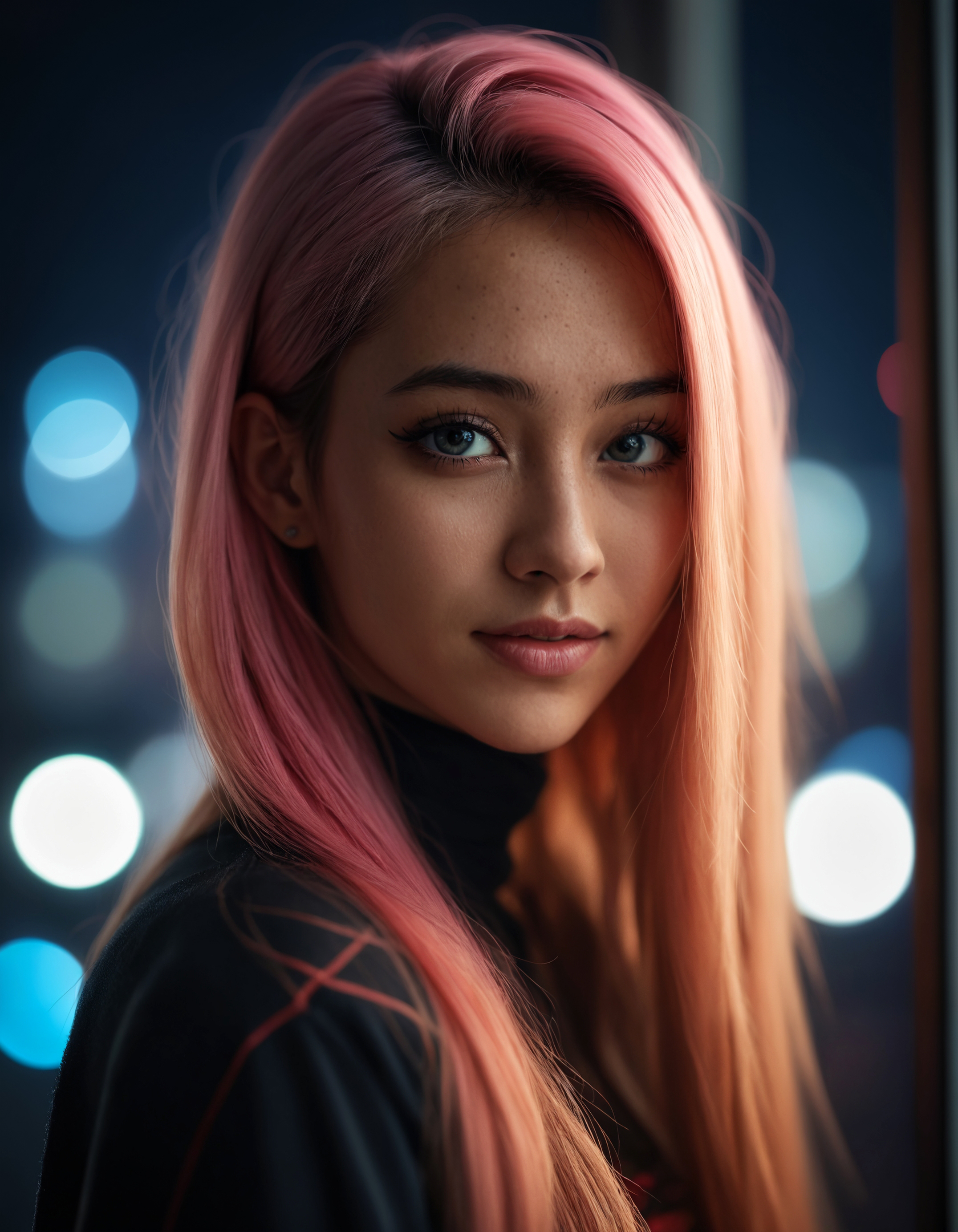 (macro) glamour shot of a beautiful asian young woman wearing a turtleneck bending forward to the viewer in front of a (window:1.3) overlooking (cyberpunk city) at night, bokeh, neon, cyberpunk, dark, low light, low key, multicolored hair, hair highlights, red and blonde hair, dynamic lighting, cinematic still, freckles, dark skin, movie screencap, smile, smirk, piercing blue eyes, extremely long hair, sleek hair, portrait, dynamic pose,, 100mm f/2.8 macro lens, dynamic pose, pov, portrait, close-up