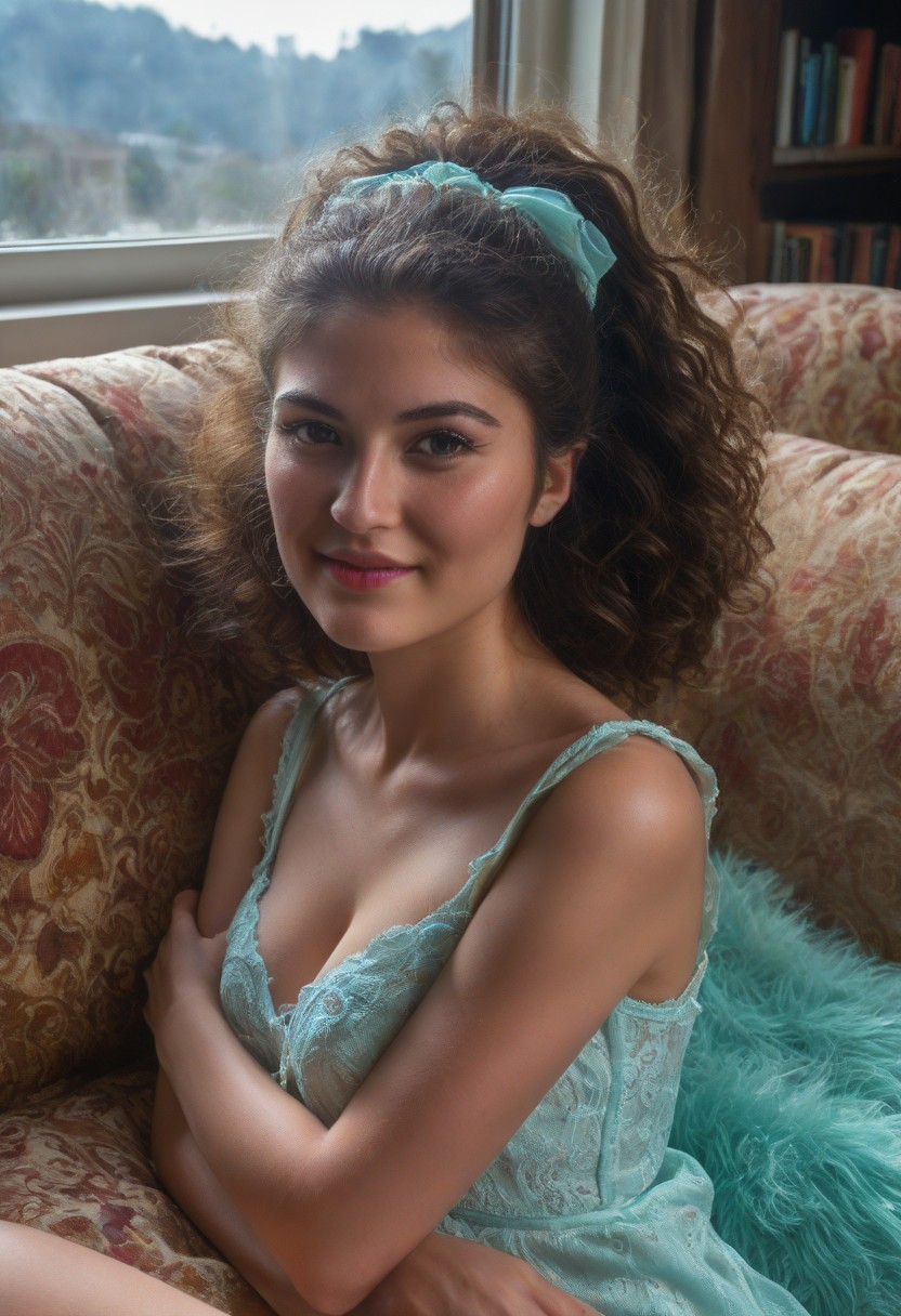 masterpiece, best quality, absurdres, photo, realistic, extremely detailed, real life photo, detailed background, MyRosita2, A sensual, dreamy portrait of a confident woman lounging on a plush velvet couch, bathed in soft golden light from a nearby window. Her eyes are half-lidded, giving her an air of mystique and charm. Sheas dressed in a delicate lace nightgown, with her gorgeous long curly dark brown hair, front pony haircut, ponytail, cascading over her shoulders. The soft, dreamlike atmosphere evokes a sense of intimacy and allure, capturing her in a moment of complete relaxation and confidence. The room around her is cozy, with a warm, inviting glow, highlighting the subtle beauty in the scene