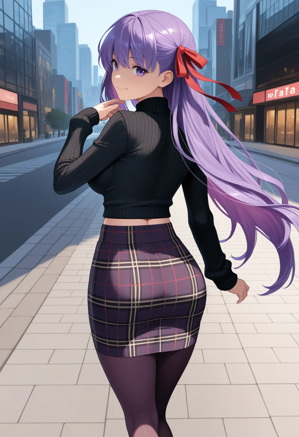 masterpiece, best quality, 1girl, solo, from behind, BBFate, purple eyes, long hair, purple hair, hair ribbon, red ribbon, ribbed sweater, black sweater, long sleeves, pencil skirt, plaid skirt, pantyhose, midriff peek, standing, smile, outdoors, sidewalk, city, <lora:ChamBBNoob:1>