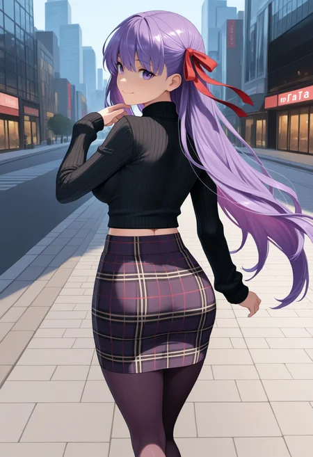 masterpiece, best quality, 1girl, solo, from behind, BBFate, purple eyes, long hair, purple hair, hair ribbon, red ribbon, ribbed sweater, black sweater, long sleeves, pencil skirt, plaid skirt, pantyhose, midriff peek, standing, smile, outdoors, sidewalk, city, <lora:ChamBBNoob:1>
