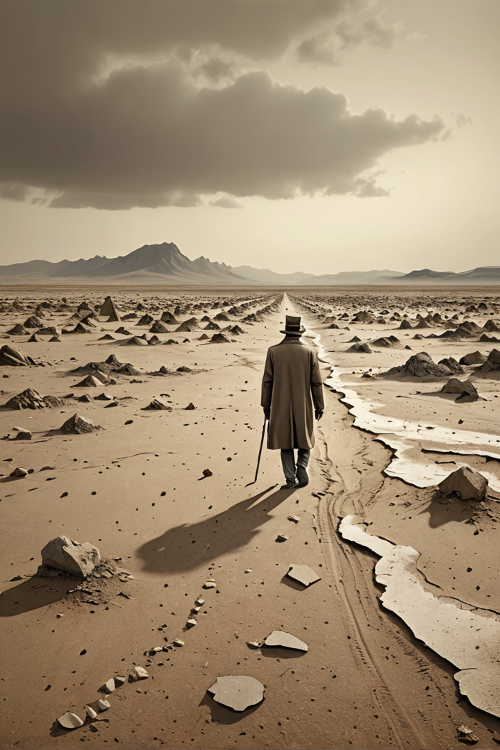(absurd caricature), A solitary figure, wandering through a desolate landscape.