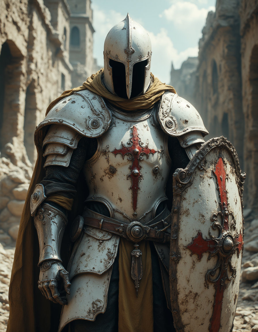 A high-resolution photo of a medieval knight in full armor, standing in a ruined, dusty environment. The knight wears a white helmet with a cross and a brown hood partially covering the face. His silver and white armor features intricate designs, including a red cross on the chest plate. holding a big shield with his right hand, and a sword hangs from a leather belt. The backdrop is a crumbling, war-torn building, adding a post-apocalyptic feel. The knight stands poised, radiating strength and resilience, blending historical and fantasy elements, moody, highly detailed, volumetric lighting, sun light, <lora:aidmaMJ6.1:0.8>, <lora:- Flux1 - soothing_atmo_V2.0:0.3>, <lora:Elden_Ring_-_Yoshitaka_Amano:0.5>, <lora:fluxenhancer:0.3>