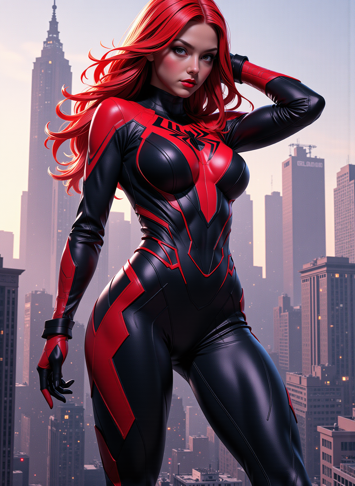 profile shots, full body view, photoshoot poses, dynamic angles, multiple angles, photoshoot poses;A photo of MJ_Marv3l, cosplaying as spiderman, is a digital illustration, playful, and whimsical. The image features a woman with red hair wearing a black and red spiderman suit. She is standing atop a building, in front of a cityscape, with buildings visible in the background. The woman is posing confidently, showcasing her costume and the spiderman logo on her chest. The overall composition of the image is dynamic and visually engaging, capturing the essence of the spiderman character. with a sense of action and adventure. Style: realistic hyper-detailed rendering, 32k UHD, expressive eyes, punk, graphic design, girl's face, pretty and cute, gleaming lips, telling a tale of adventure. Exuding confidence and serenity. The overall mood of the image is happy and relaxed,detailed skin texture,(blush:0.2),(goosebumps:0.3),subsurface scattering,with a playful and whimsical tone, Niji style, detailed hand, perfect hands, 