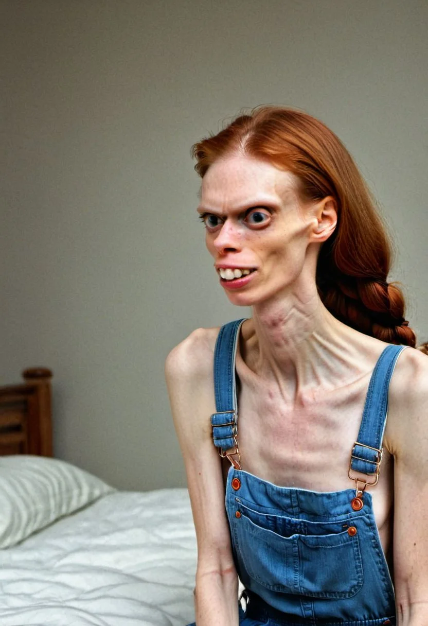 full body photo of ((Helga:1.2)) very ugly, detailed acne, red hair, shirtless overall, braided hair, sitting on bed, scene is bedroom, (sultry flirty look), ((gorgeous symmetrical face)), cute natural makeup, realistic, concept art, elegant, highly detailed, intricate, sharp focus, depth of field, f/1. 8, 85mm, medium shot, mid shot, (((professionally color graded))), sharp focus, bright soft diffused light, (volumetric fog),