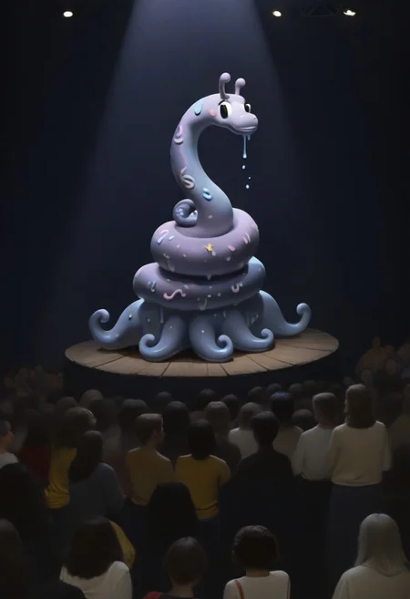 weird water woman, 19yo, (covered in oatmeal), gooey, cheese pull, satisfying, cleavage, ketchup in hair, american cheese, stage, portrait, strange tentacles, prismatic beams