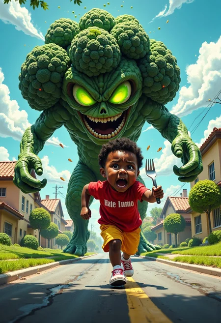 A massive, hyper-detailed broccoli monster, its textured green florets towering above, looms menacingly over the scene. The monster’s green glowing, piercing eyes radiate fury, its skull-like face twisted in a fierce expression. In one hand, it clutches a gleaming silver fork, sharp and ready. It runs and chases
In front of it, a chubby, fat, terrified black-skin boy, sprints for his life. His mouth hangs wide open, a scream frozen on his face, while rosy cheeks, tear-streaked eyes, and flailing arms emphasize his panic. He wears a bright red T-shirt on the shirt is the text:”Hate broccoli”, yellow sports shorts, and a pair of white-and-red sneakers, their laces trailing loosely as he stumbles across a cartoonishly detailed, slightly cracked asphalt road. (((Tears flying from the eyes of the boy.)))
The setting is a surreal suburban street, with vivid green lawns and pastel-colored houses in the background, their cheerful atmosphere contrasting hilariously with the chaos. The image captures motion and emotion—the monster’s outstretched clawed feet, the boy’s frantic stride, and even spittle flying from his open mouth. The overall tone is funny, absurd, and highly detailed, with rich, vibrant colors and realistic textures that bring the whimsical terror to life.