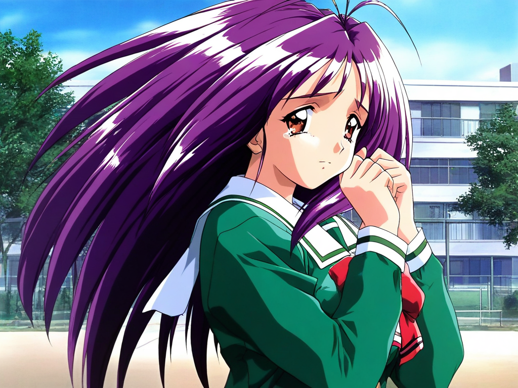 general,highres, ultra-detailed,very aesthetic,best quality ,best hands, BREAK <lora:Kotobuki_Miyuki_Tokimeki_Memorial2_IS:1>
Kotobuki_Miyuki(Tokimeki_Memorial2), 1girl, solo, bangs, purple hair, long hair, brown eyes, antenna hair, breasts, 
green shirt, sad, tears,
looking at viewer, shirt, 1990s (style), outdoors, serafuku, upper body, day, 
sailor collar, closed mouth, building, ribbon, 
tree, 
School, outdoor, sky,