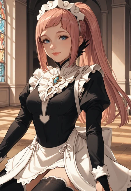 score_9, score_8_up, score_7_up, source_anime BREAK 1girl, solo, <lora:felicia-fe-richy-v2_pdxl:1> flcdf, blue eyes, pink hair, long hair, ponytail, maid headdress, black feathered collar, blue brooch, breasts, maid, juliet sleeves, maid apron, bridal gauntlets, black thighhighs, lips, looking at viewer, smile, indoors, mansion
