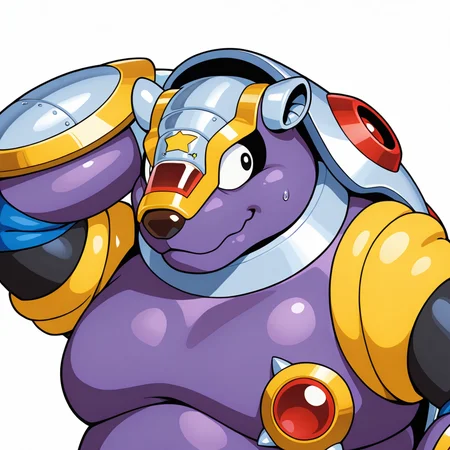 <lora:Armored_Armadillo_Megaman_X_Illustrious:1> Armored Armadillo, 1boy, portrait, classic design, chubby, big moobs, nervous smile, sweatdrop, looking away, hand behind head, shields, (8K CGI render),