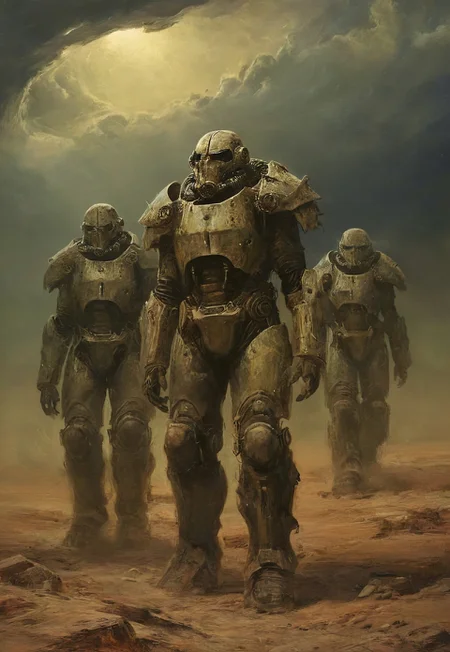 Four soldiers in power armor travelers in the post-apocalyptic desert,fallout universe,alienscape,glossy armor,intricate design,corrupted neverland,dramatic sky, dust,wind, bleak,glow,flickering, dark art, dim light, somber, dramatic, high quality, detailed,science fiction,distopia,horror theme,futuristic, technology,atompunk,dramatic,thrilling,decay,best quality,masterpiece,dynamic composition,color contrast,primary colors,no gradients,close-up