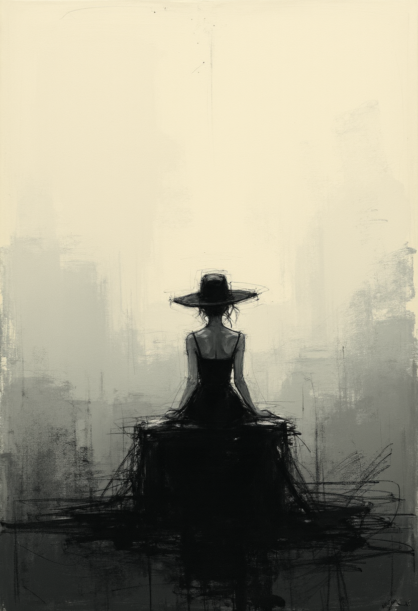 Embrace a captivating fusion of Impressionism and Minimalism in this simplistic yet emotionally charged painting depicting a secretive witch seated alone amidst an abstract landscape. The focus lies primarily on her slender silhouette, accentuated by linear shapes and clear lines that create a sense of calm elegance. Gently curving edges give way to reduction and uniformity of form, highlighting her essence while reducing extraneous detail.  The color palette revolves around muted yet rich hues that capture the essence of dusk or dawn, emphasizing the mysterious ambiance that surrounds her. Soft illumination envelopes the scene, creating a mood of solitude and introspection. Impressionistic brushstrokes add subtle texture and movement to the scene, encapsulating the spirit of both art movements in a harmonious blend.  This minimalist portrayal transcends traditional expectations of painting style, challenging the viewer to appreciate simplicity and the power of suggestion in capturing the depth of emotion and story within each line and curve. ,<lora:flux/fav/ck-charcoal-drawing-000014.safetensors:1.0:1.0>