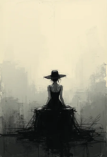 Embrace a captivating fusion of Impressionism and Minimalism in this simplistic yet emotionally charged painting depicting a secretive witch seated alone amidst an abstract landscape. The focus lies primarily on her slender silhouette, accentuated by linear shapes and clear lines that create a sense of calm elegance. Gently curving edges give way to reduction and uniformity of form, highlighting her essence while reducing extraneous detail. The color palette revolves around muted yet rich hues that capture the essence of dusk or dawn, emphasizing the mysterious ambiance that surrounds her. Soft illumination envelopes the scene, creating a mood of solitude and introspection. Impressionistic brushstrokes add subtle texture and movement to the scene, encapsulating the spirit of both art movements in a harmonious blend. This minimalist portrayal transcends traditional expectations of painting style, challenging the viewer to appreciate simplicity and the power of suggestion in capturing the depth of emotion and story within each line and curve. ,<lora:flux/fav/ck-charcoal-drawing-000014.safetensors:1.0:1.0>