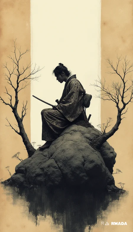 The photograph depicts an intriguing scene, blending traditional Japanese aesthetics with modern digital artistry. The subject appears to be sitting on a rock, their body slightly hunched as if in contemplation or meditation. The rock itself is depicted in black ink, its surface rough and textured, giving it a sense of depth and character. The person's attire is particularly striking, featuring traditional Japanese elements such as the kimono and the sword. The kimono is adorned with intricate patterns that are both familiar and unfamiliar, reflecting the fusion of old and new. The sword, which is held in the right hand, adds an element of power and strength to the composition. The rock's surroundings are equally intriguing. The beige-colored paper on either side of the person provides a backdrop that complements the traditional Japanese elements, while also adding a sense of depth and dimensionality. The rough texture of the paper adds another layer of realism, making the image feel more tangible than just a digital illustration. The overall mood of the photograph is peaceful and serene, evoking feelings of tranquility and contemplation. The simplicity of the composition allows for the viewer to focus on the subject's pose and the intricate details of their attire. The use of black ink in the rock adds an element of mystery and depth, while the bare trees on either side provide a sense of natural beauty. In conclusion, this amateur photo is not only realistic but also provokes emotions, leaving viewers with a sense of peace and tranquility. The combination of traditional Japanese elements with modern digital artistry creates a unique and captivating image that is sure to leave a lasting impression.