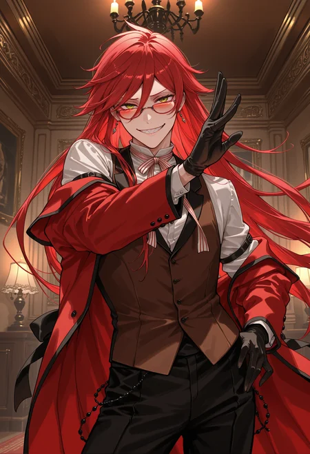 masterpiece, best quality, 1boy, <lora:grell-sutcliff-v1-illustrious:0.9>, grin, dynamic pose, coat partially removed, grell sutcliff, eyewear, cowboy shot, very awa, solo, 96yottea, kuroshitsuji, gloves, pose, aristocratic interior, dark fantasy,