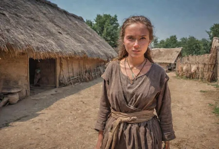 photograph, a beautiful woman in a neolithic village, high quality photography, 4k, Canon EOS R3, hdr, smooth, sharp focus, high resolution, award winning photo,