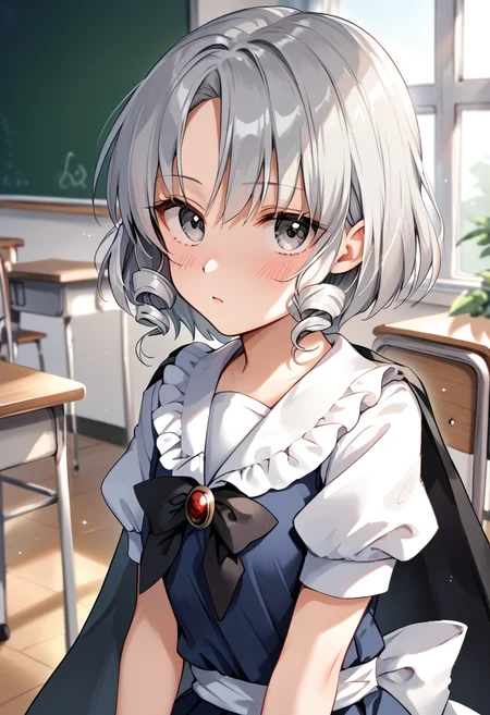 score_9_up, score_8_up, score_7_up, BREAK source_anime, (masterpiece), (best quality), 1girl, grey eyes, short sleeves, cape, dress, black cape, puffy sleeves, drill hair, brooch, frills, puffy short sleeves, short hair, grey hair, looking at viewer, sitting on chair, blushed, closeup upper body, (ultra detailed), shine, classroom, (from side:0.6), <lora:muse(seihou)-V1:1>