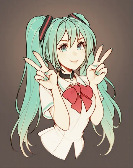 <lora:_oxcoxa_NAIXL-000015:1.1> art by oxcoxa, artist:oxcoxa, score_9, score_8_up, score_7_up, best quality, masterpiece, uncensored, Hatsune Miku with long twintails green hair and big blue eyes wearing a white school shirt. The girl is posing for the camera with her hands up in a peace sign. She has a red bowtie on her collar and her eyes are fixed on the viewer. The background of the image is simple with a beige color and three stars of different colors floating around the edges of the image.