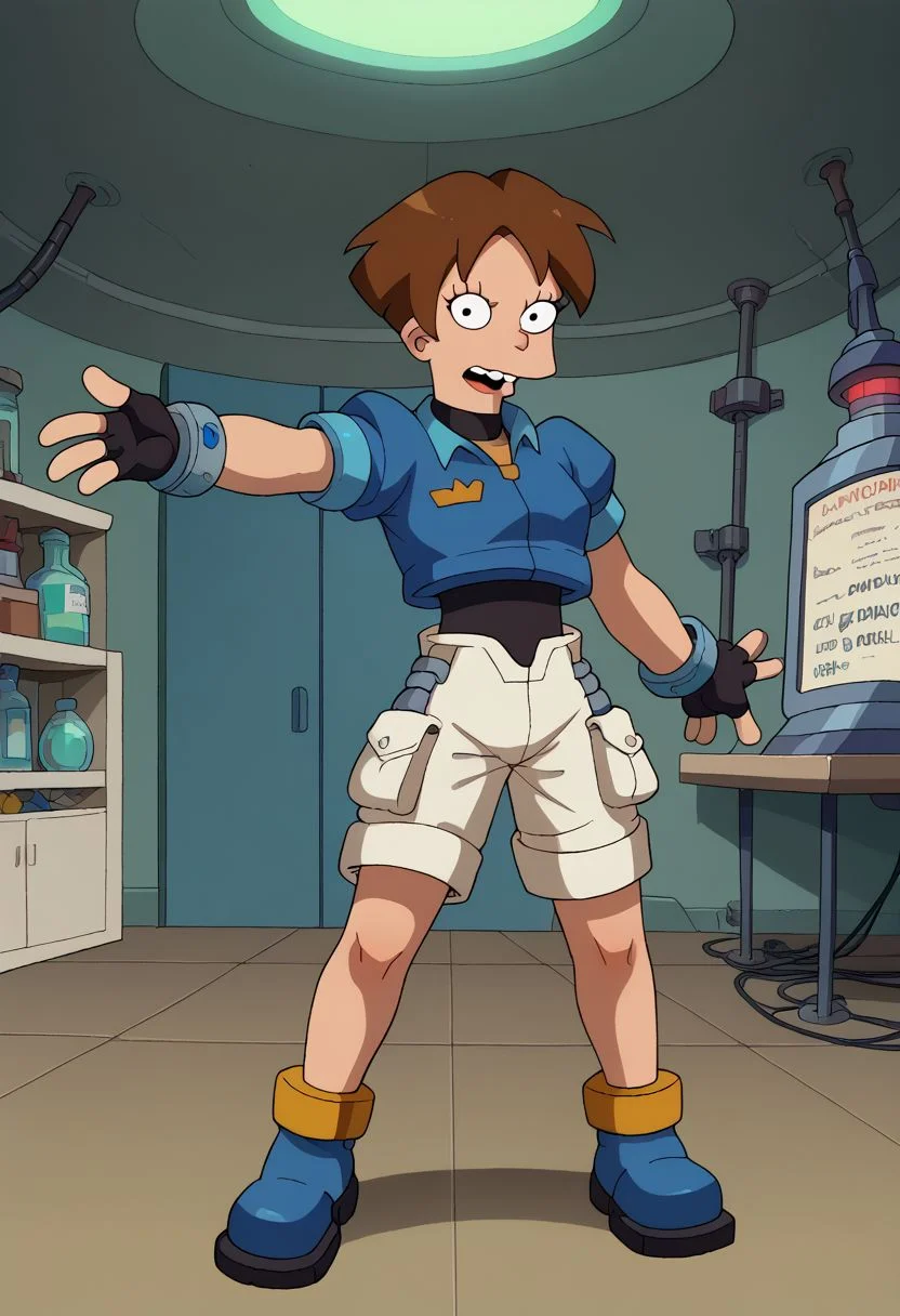 score_9, score_8_up, score_7_up, english text, 1girl, small breasts, brown hair, short hair, circle eyes, dot pupil, overbite, robot ears, black bodysuit, fingerless gloves, blue Cropped Jacket, cropped jacket, short sleeves, bracelet, shorts, anklet, shoes, blue footgear, henshin pose, arm up, looking at viewer, legs apart, outstretched arm, standing, source_cartoon, futuramastyle, indoors, laboratory
