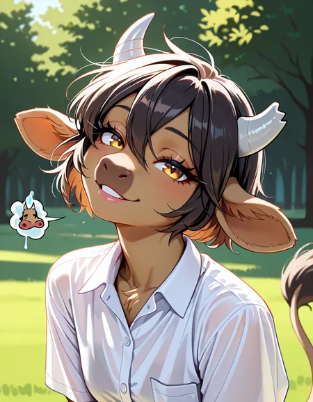 masterpiece, best quality, very aesthetic, absurdres,
outdoors,
headshot, head tilt,
button up shirt,
seductive smile, parted lips, long eyelashes,
<lora:Manitka_Storm_v01_NAIXL:1>
Man1tkaStorm,1gilr,solo,furry,furry female,cow girl,cow ears,cow horns,short hair,black hair,hair between eyes,brown hair,body fur,brown fur,cow tail,hooves,