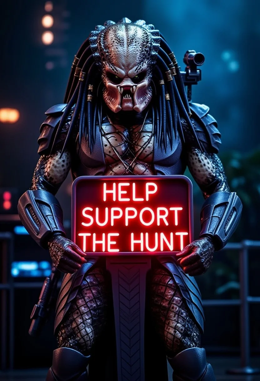 Create a vivid depiction of a towering alien predator, its skin a textured mix of scales and bioluminescent patterns, holding a glowing neon sign that reads "Help Support the Hunt." Set this scene against a dark, dystopian cityscape bathed in eerie, flickering lights. The predator stands in a menacing three-quarter angle, with shadows casting an ominous aura. Capture the contrast of the neon sign's vibrant colors against the alien's formidable presence, evoking a sense of unease and dark humor.