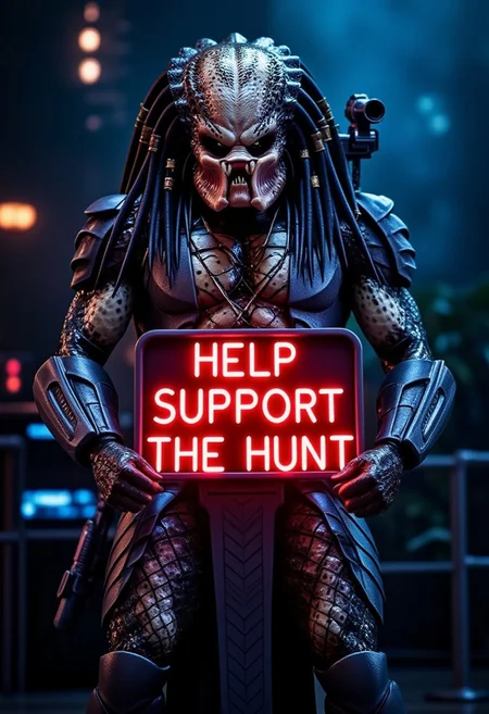 Create a vivid depiction of a towering alien predator, its skin a textured mix of scales and bioluminescent patterns, holding a glowing neon sign that reads "Help Support the Hunt." Set this scene against a dark, dystopian cityscape bathed in eerie, flickering lights. The predator stands in a menacing three-quarter angle, with shadows casting an ominous aura. Capture the contrast of the neon sign's vibrant colors against the alien's formidable presence, evoking a sense of unease and dark humor.