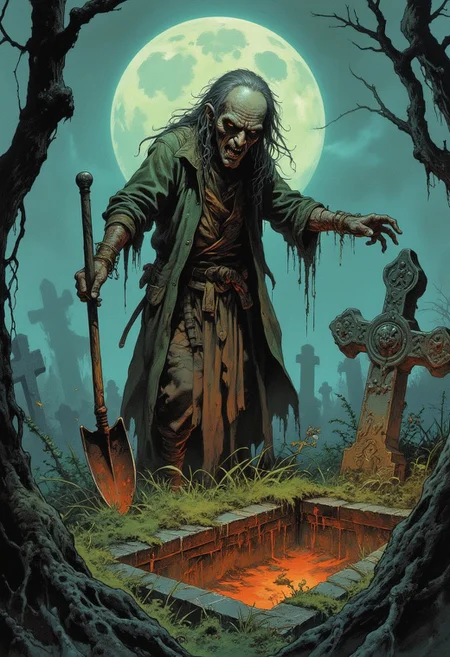 Comic book style 8k high quality digital painting , masterpiece, very detailed, ultra realistic, (best quality) very detailed epic masterpiece, a zombie-like very old man is standing on a churchyard in front of a freshly opened grave, insane facial expression, stringy muddy long hair, pale face, sunken cheeks, opened mouth, lank body, ragged outfit, ragged coat, a shovel in his hand, cemetary with an opened grave, old neglected headstones, high grass, gnarled tree in the background, foggy, full moon, dramatic sky, scary scene, action, scary, best quality, epic scene, Dungeons and dragons atmosphere, heroic fantasy, fna_style, Comic book style