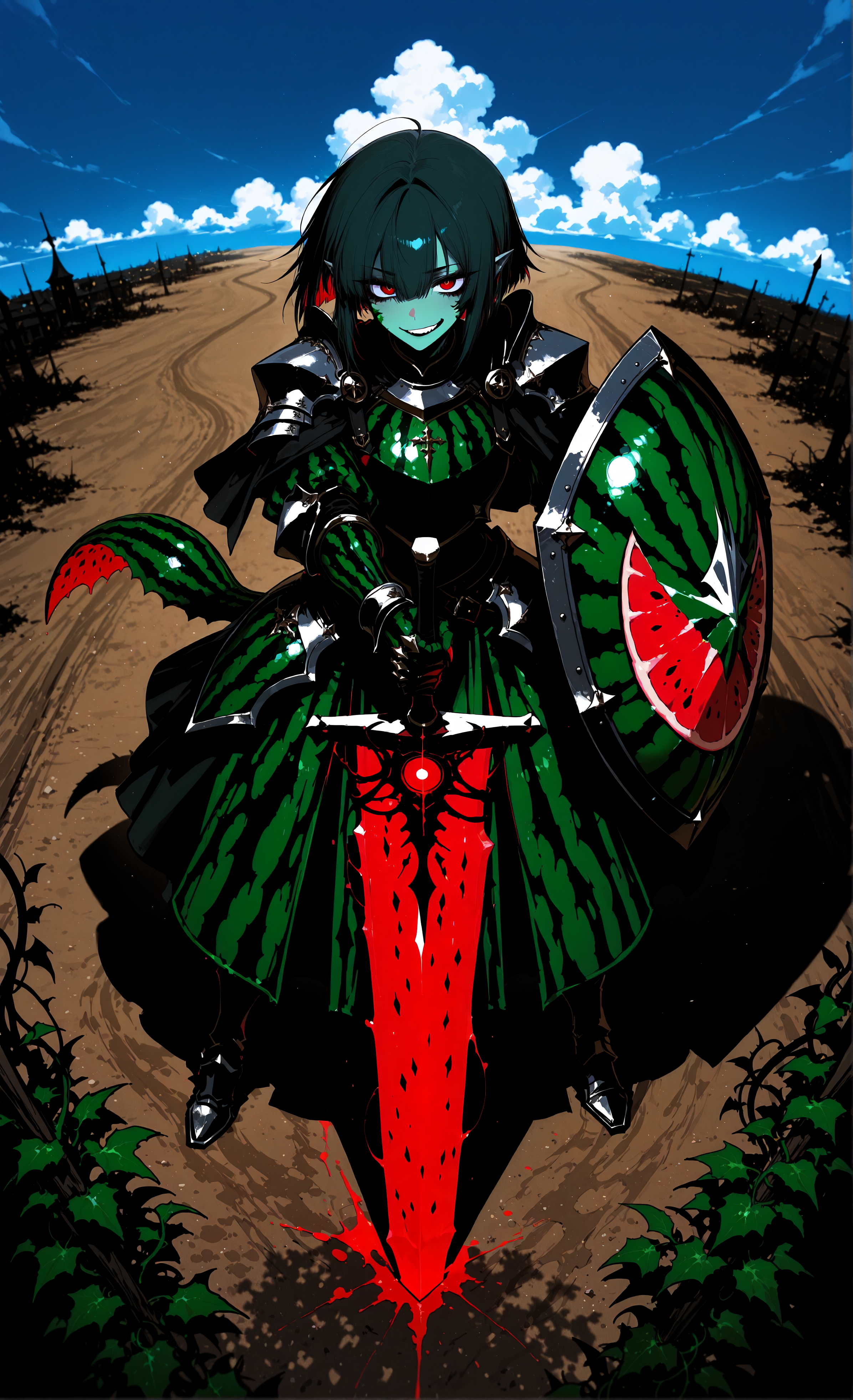 masterpiece, sharp detail, intricate detail, 1girl,  (j.k. ,rella, konya karasue), dark red eyes, detailed eyes, (monster girl, watermelon creature, watermelon monsterification:1.5, hybrid, alternate species), dark green hair, (green skin:1.5, watermelon skin, textured skin), (watermelon tail), inverted bob, (red inner hair), black and green attire, watermelon print gauntlets, knee boots, pointy ears, smirk, heavy armor, shoulder armor, armored skirt, capelet, breastplate, vines, helm, dynamic angle from above, dynamic pose, holding greatsword, glowing sword, holding heavy shield, dirt road, watermelon filed, day, blue sky, gradient background, cloudy, medieval city horizon, dappled light, dramatic shadows, cinematic lighting, detailed background, light and shadow contrast, dark,<lora:reij-rt:0.6> <lora:aboba_prime_3:0.8> <lora:darkness_xl_v20:0.3>