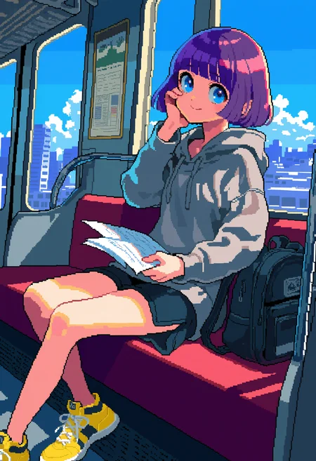 pixel art, by itzah, by yoneyama mai, 1girl, sitting, solo, yellow footwear, purple hair, grey hoodie, jaggy lines, train interior, smile, sneakers, blue eyes, window, looking at viewer, short hair, holding, long sleeves, closed mouth, hood down, hand on own cheek, day, cityscape, skirt, sky, building, paper, unworn backpack, blunt bangs, shorts, drawstring,
masterpiece, best quality, very awa, absurdres
<lora:noobai_epred_11_pixel_art_v1:1>