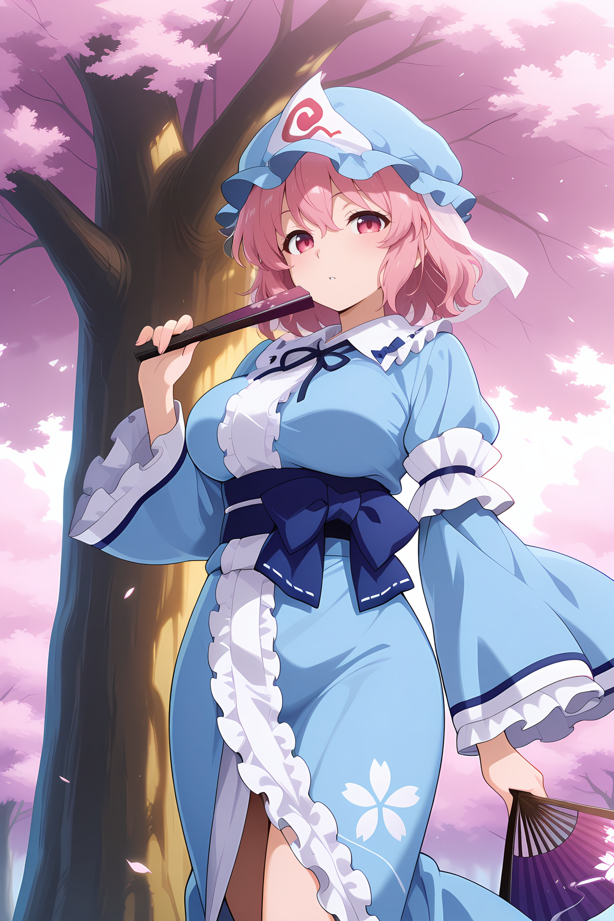 absurdres, highres, masterpiece, best quality, amazing quality, official anime artwork, screencap, anime screencap, outdoors, looking at viewer, dynamic pose, sakura tree, big tree, 
 <lora:Yuyuko-Saigyouji_IllustriousV2:1> saigyouji yuyuko, 1girl, solo, pink eyes, pink hair, short hair, medium large breasts,, mob cap, triangular headpiece, blue kimono, long sleeves,  wide sleeves, sash, ribbon, holding fan,