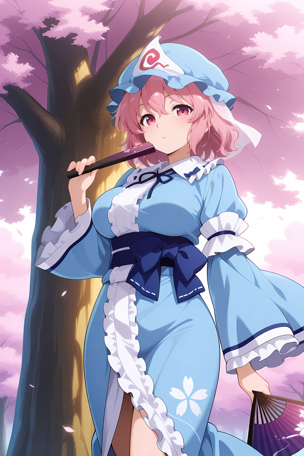 absurdres, highres, masterpiece, best quality, amazing quality, official anime artwork, screencap, anime screencap, outdoors, looking at viewer, dynamic pose, sakura tree, big tree, 
 <lora:Yuyuko-Saigyouji_IllustriousV2:1> saigyouji yuyuko, 1girl, solo, pink eyes, pink hair, short hair, medium large breasts,, mob cap, triangular headpiece, blue kimono, long sleeves,  wide sleeves, sash, ribbon, holding fan,