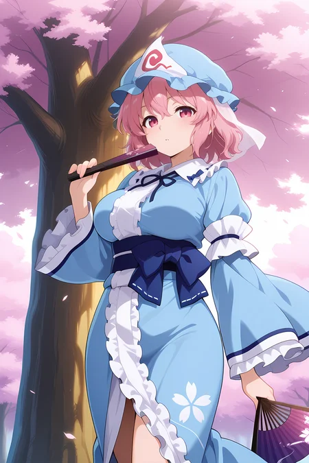 absurdres, highres, masterpiece, best quality, amazing quality, official anime artwork, screencap, anime screencap, outdoors, looking at viewer, dynamic pose, sakura tree, big tree, 
 <lora:Yuyuko-Saigyouji_IllustriousV2:1> saigyouji yuyuko, 1girl, solo, pink eyes, pink hair, short hair, medium large breasts,, mob cap, triangular headpiece, blue kimono, long sleeves,  wide sleeves, sash, ribbon, holding fan,