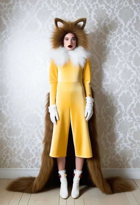 furry female, solo, full body, furry face, cute face, Avant-Garde wearing, Outlandish fashion, Extravagant wearing, Eclectic fashion, Unconventional, Theatrical, Eccentric, Experimental, Statement Piece, Whimsical,plushy, cute, from front, masterpiece,best quality,very aesthetic, absurdres, sfw, long shot, indoor, white wallpaper,
masterpiece,best quality,very aesthetic, absurdres, newest,