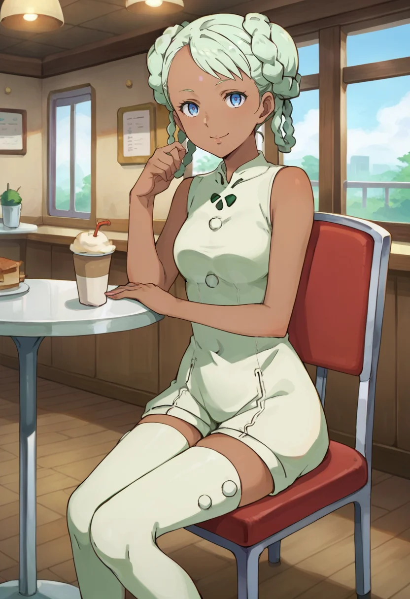 score_9,score_8_up,score_7_up,anime coloring BREAK source_anime,anime,<lora:Raraiya_Monday:0.8>,raraiya,1girl,solo,dark skin,dark-skinned female,blue eyes,forehead mark,green hair,twin braids,double bun,outfit1,thigh boots,smile,sitting,indoors,cafe,chair,looking at viewer,
