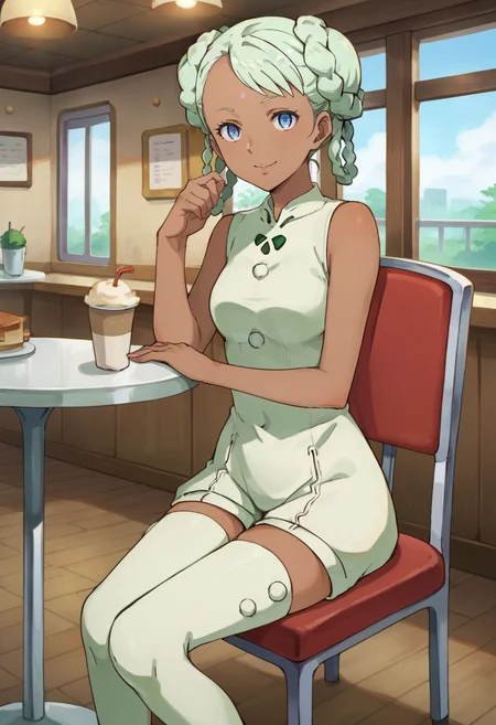 score_9,score_8_up,score_7_up,anime coloring BREAK source_anime,anime,<lora:Raraiya_Monday:0.8>,raraiya,1girl,solo,dark skin,dark-skinned female,blue eyes,forehead mark,green hair,twin braids,double bun,outfit1,thigh boots,smile,sitting,indoors,cafe,chair,looking at viewer,