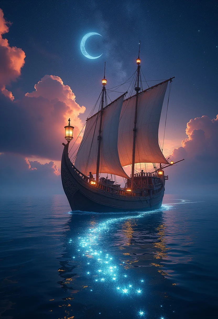 (high quality), (masterpiece), (detailed), 8K, Award-winning cinematic shot of a celestial seascape where a lone ancient vessel glides gracefully across the boundless, deep blue ocean. The ship, adorned with weathered sails and intricate carvings on its wooden hull, radiates timeless elegance and mystery. The night sky above is a breathtaking masterpiece, largely dominated by vibrant hues of orange, purple, and violet, seamlessly blending with the velvety blackness of the night. Stars shimmer brilliantly across the heavens, and a crescent moon bathes the scene in a soft, silvery glow. Wherever the ship journeys, a magical trail of glowing sparkles graces the water, merging with the bioluminescent shimmer of the waves to create an enchanting spectacle. The ethereal light reflects across the gently rippling ocean, harmonizing with the ship’s glowing lanterns and casting a dreamlike warmth over the composition. This awe-inspiring artwork evokes profound positive emotions—serenity, wonder, and hope—inviting those who gaze upon it to immerse themselves in its magic. A surreal symphony of light and color, this piece captivates with its vivid imagination and masterful detail, a testament to the beauty of the natural world and artistic brilliance. There are no watermarks whatsoever on the image