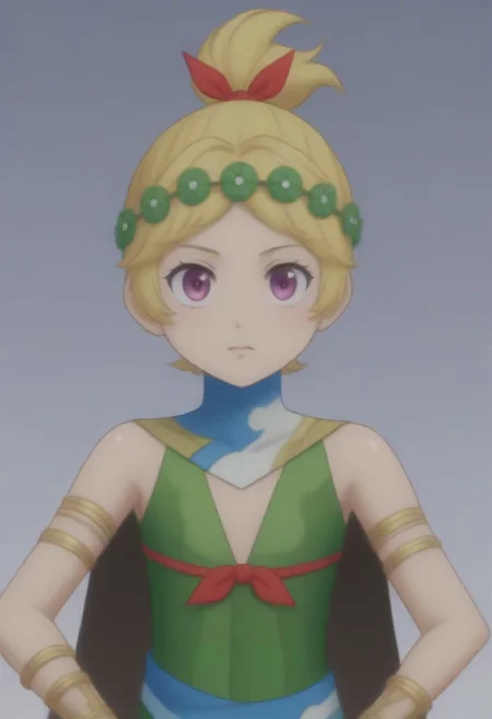 source_anime, anime screencap, source_anime, auratheguillotine, anime screencap, masterpiece, source_anime, shiny skin,,,,,, <lora:zs_DemeterXL:1> demetersmt, blonde hair, ponytail, head wreath, purple eyes, green dress, cleavage, cape, armlet, bracelet,