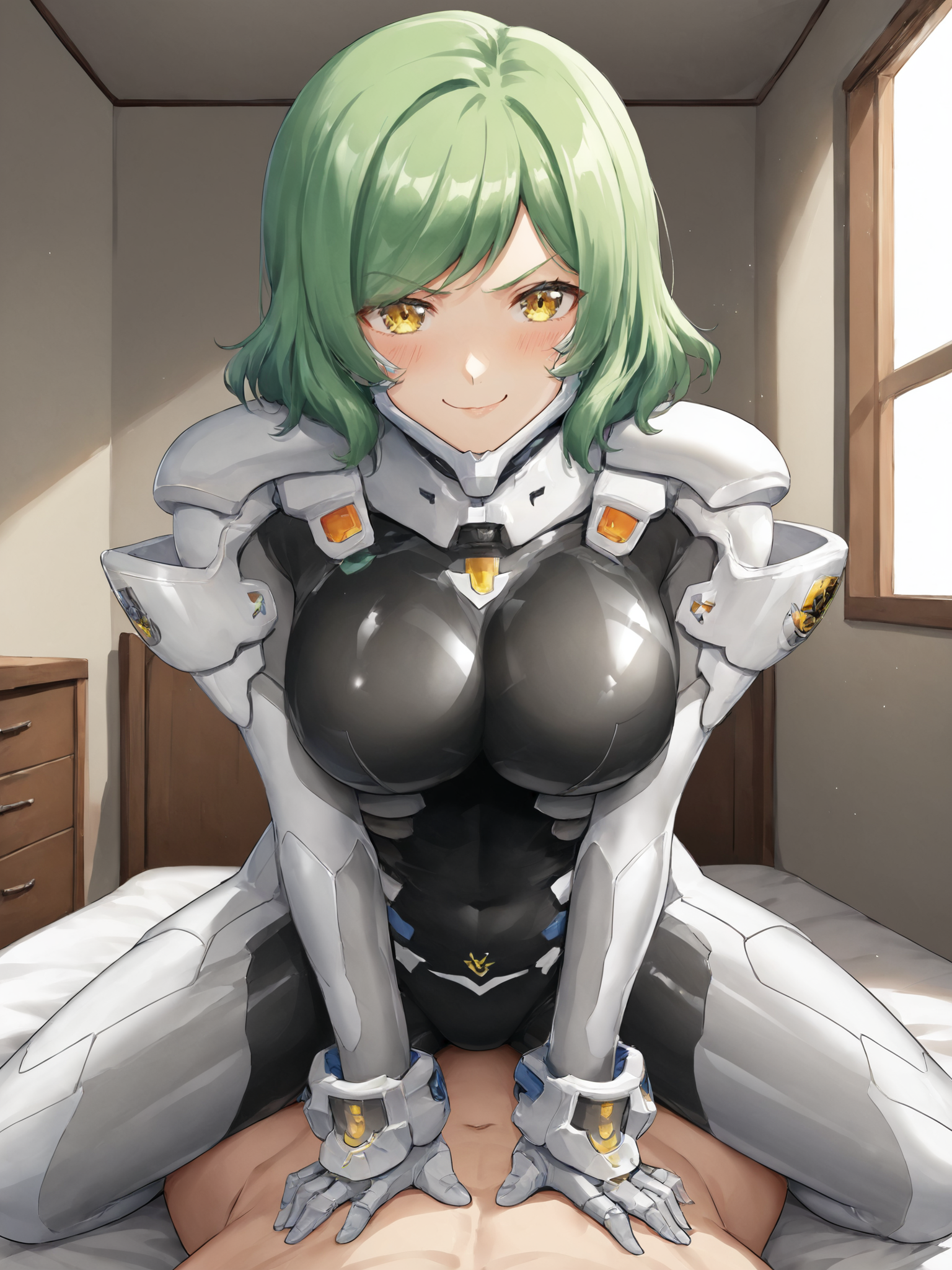 score_9, score_8_up, score_7_up, zPDXL, zPDXLpg, <lora:offset_0.2:0.1>, <lora:spo_sdxl_10ep_4k-data_lora_webui:1>,
1girl, solo focus,
germanfortifiedsuit, <lora:German_Fortified_Suit_v2:1>,
lunateresia von wizleben, green hair, yellow eyes, medium hair, swept bangs, large breasts,
looking at viewer, blush, smug, smile, half-closed eyes,
straddling, cowgirl position, girl on top,
1boy, clothed female nude male, pov,
indoors, bedroom, bed