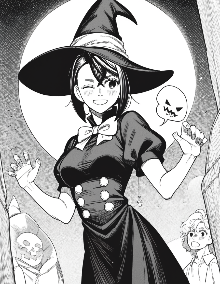 score_9, score_8_up, score_7_up, source_anime, <lora:momo-ayase-manga-ponyxl-lora-nochekaiser:1>, momo ayase, short hair, bangs, thick eyebrows, monochrome, greyscale, medium breasts,, <lora:witch-ponyxl-lora-nochekaiser:1>, witch, hat, witch hat, dress, halloween, halloween costume, jewelry,, night, moon, blush, smile, one eye closed,, , dutch angle, cowboy shot