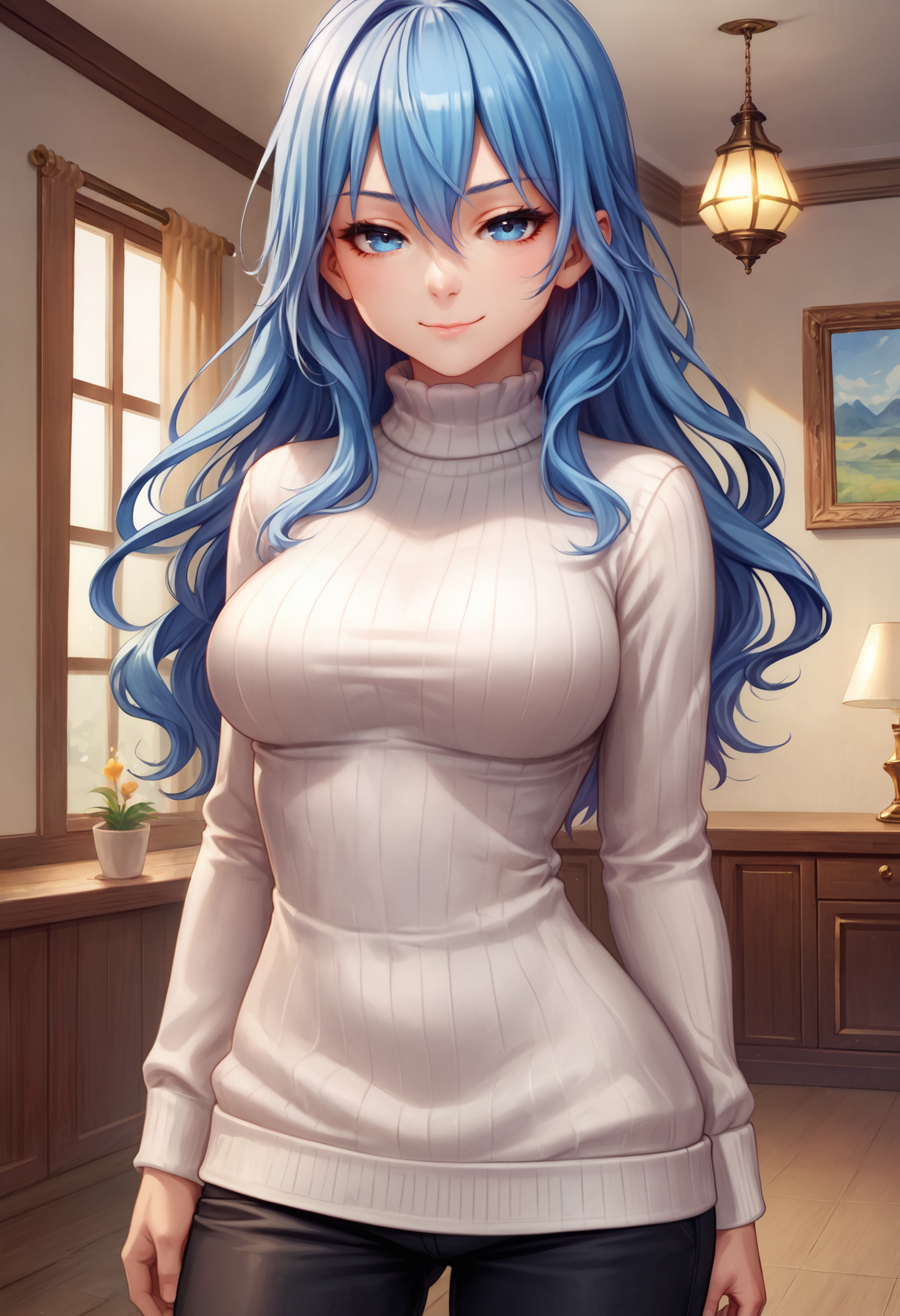 zPDXL, source_anime, BREAK
liselotte, blue hair, sidelocks, blue eyes,
black pants, white sweater, turtleneck sweater,
closed mouth, naughty face,
cowboy shot, standing,
indoors   <lora:liselotte-ot-pony3-006:0.6>