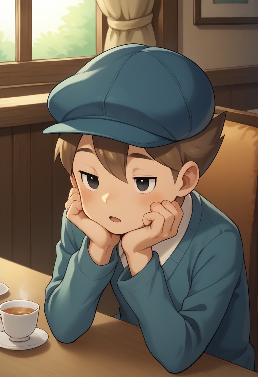 score_9, score_8_up, score_7_up, source_anime, highly detailed,
luke, 1boy, solo, male focus, black eyes, hat, blue headwear, brown hair, sweater, shirt, white shirt, blush stickers, open mouth
indoor, tea table, sit, head rest,