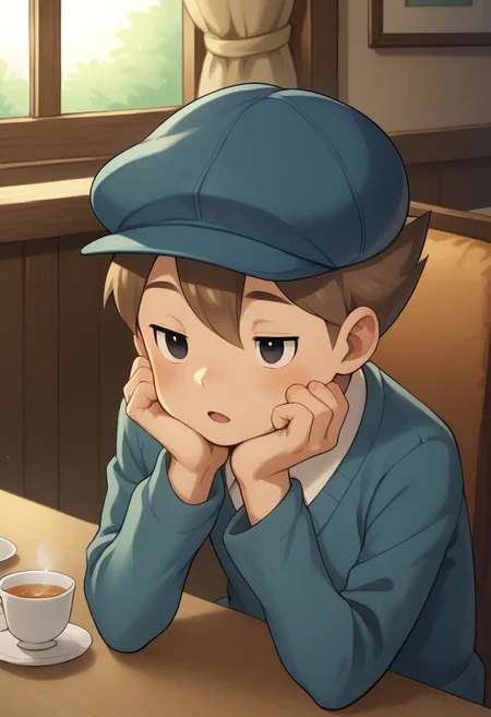 score_9, score_8_up, score_7_up, source_anime, highly detailed,
luke, 1boy, solo, male focus, black eyes, hat, blue headwear, brown hair, sweater, shirt, white shirt, blush stickers, open mouth
indoor, tea table, sit, head rest,