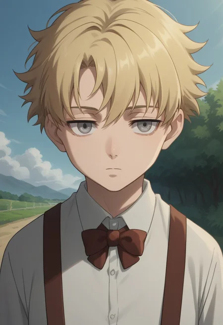 score_9, score_8_up, source_anime, highly detailed,
july_d, solo, blonde hair, expressionless, grey eyes, 1boy, male focus, looking at viewer, suspenders, bow, bowtie, shirt, white shirt, upper body,
outdoor,