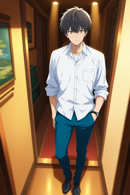 masterpiece, best quality, amazing quality, very aesthetic, high resolution, ultra-detailed, absurdres, newest, scenery, volumetric lighting, depth of field,anime screencap, , , 1boy, solo, male focus, <lora:kuro:0.84>, kuro sakuragawa,black hair,yellow eyes,short hair,looking at viewer, smile,indoors, shirt, standing, full body, white shirt, shoes, collared shirt, pants, dress shirt,blue pants, sleeves rolled up, watch, wristwatch,looking at viewer,from above