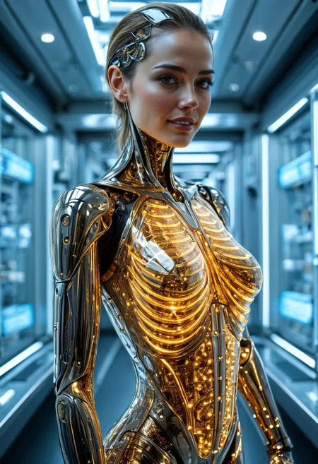 the most realistic, photorealistic photo ever taken [PORTRAIT MID BODY SHOT, extremely detailed, 8k, BEAUTIFUL FEMALE ANDROID (SEDUCTIVE SMILING:1.5), looking at the camera, IN A HIGH TECH FUTURISTIC LABORATORY, LEDS,BIOMECHANICAL BODY PARTS, (glass TRANSPARENT ULTRA DETAILED BODY shell:1.5) SHOWING blue and gold CIRCUITRY INSIDE THE BODY, Detailed hand, (DYNAMIC POSES:1.5), Perfect hand, ],ANDROID